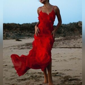Elegant Red Evening Dress Ruffle maxi M cc6